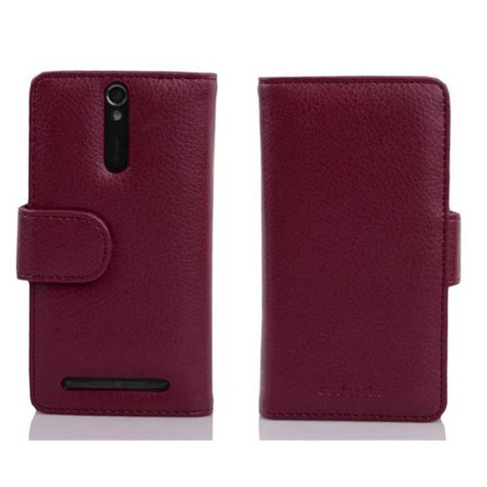 Cadorabo Handy Hülle für Sony Xperia S  Hülle in BORDEAUX LILA , Schutzhülle Tasche case cover mit Kartenfach im Struktur Design