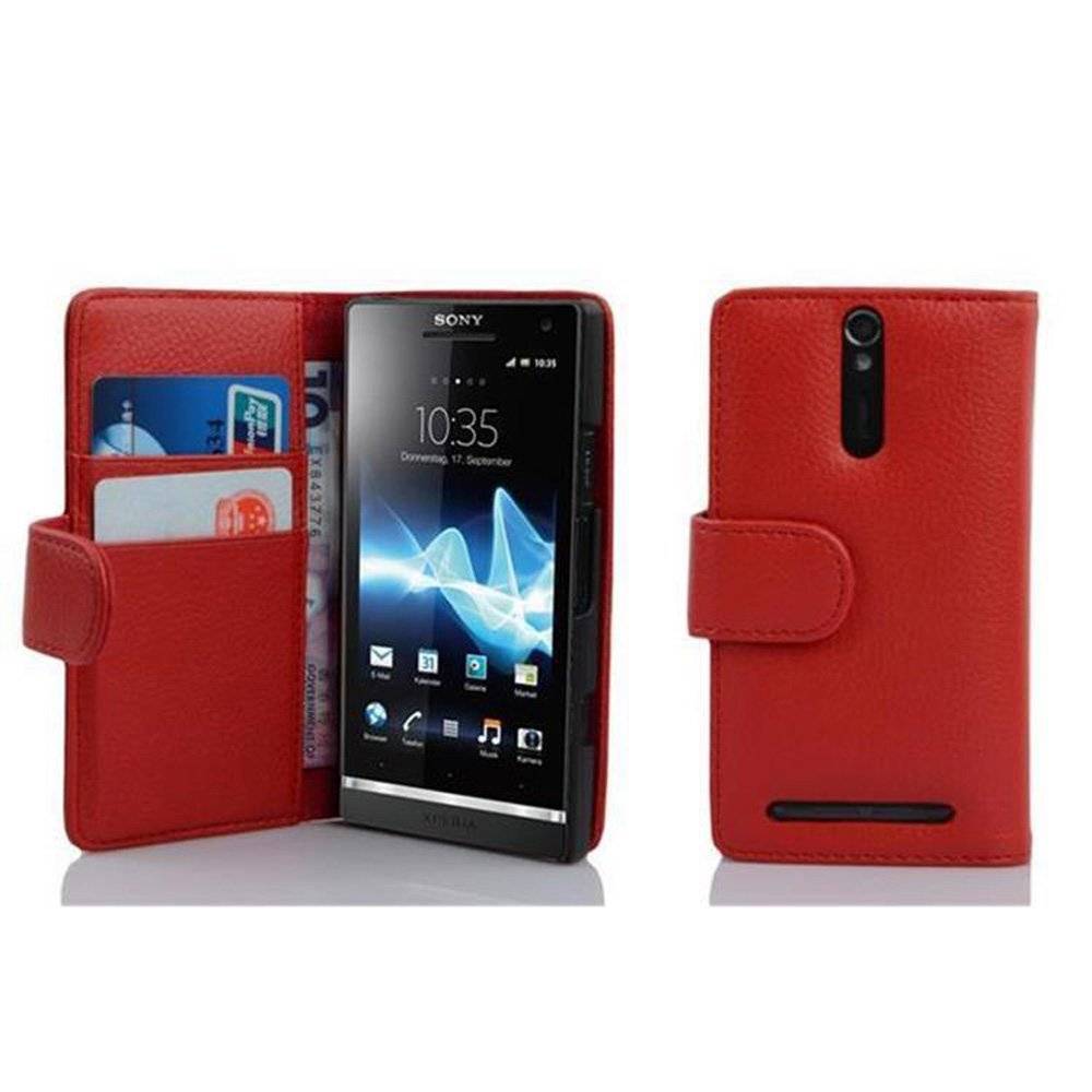 Cadorabo Handy Hülle für Sony Xperia S  Hülle in INFERNO ROT , Schutzhülle Tasche case cover mit Kartenfach im Struktur Design