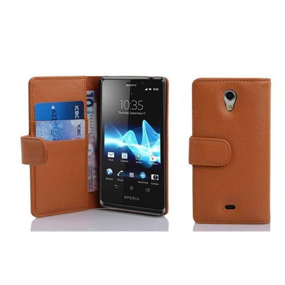Cadorabo Handy Hülle für Sony Xperia T Hülle in COGNAC BRAUN , Schutzhülle Tasche case cover mit Kartenfach im Struktur Design