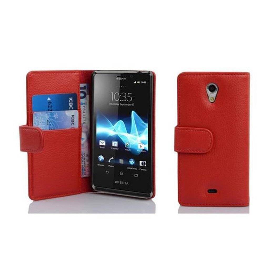 Cadorabo Handy Hülle für Sony Xperia T Hülle in INFERNO ROT , Schutzhülle Tasche case cover mit Kartenfach im Struktur Design