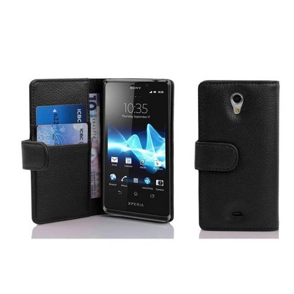 Cadorabo Handy Hülle für Sony Xperia T Hülle in OXID SCHWARZ , Schutzhülle Tasche case cover mit Kartenfach im Struktur Design