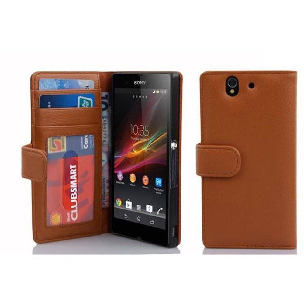 Cadorabo Handy Hülle für Sony Xperia Z Hülle in COGNAC BRAUN , Schutzhülle Tasche case cover mit 3 Kartenfächern Magnetverschluss