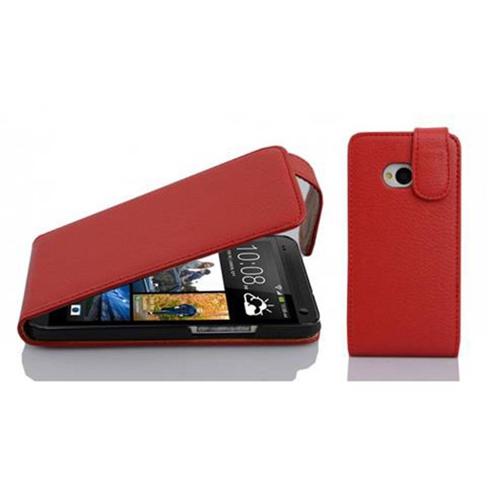 Cadorabo Hülle für HTC ONE M7 Hülle in INFERNO ROT - Handyhülle im Flip Design aus strukturiertem Textilleder - Case Cover Schutzhülle Etui Tasch