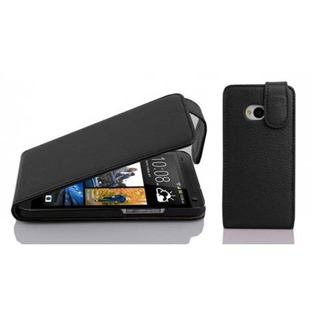 Cadorabo Hülle für HTC ONE M7 Hülle in OXID SCHWARZ - Handyhülle im Flip Design aus strukturiertem Textilleder - Case Cover Schutzhülle Etui Tasc