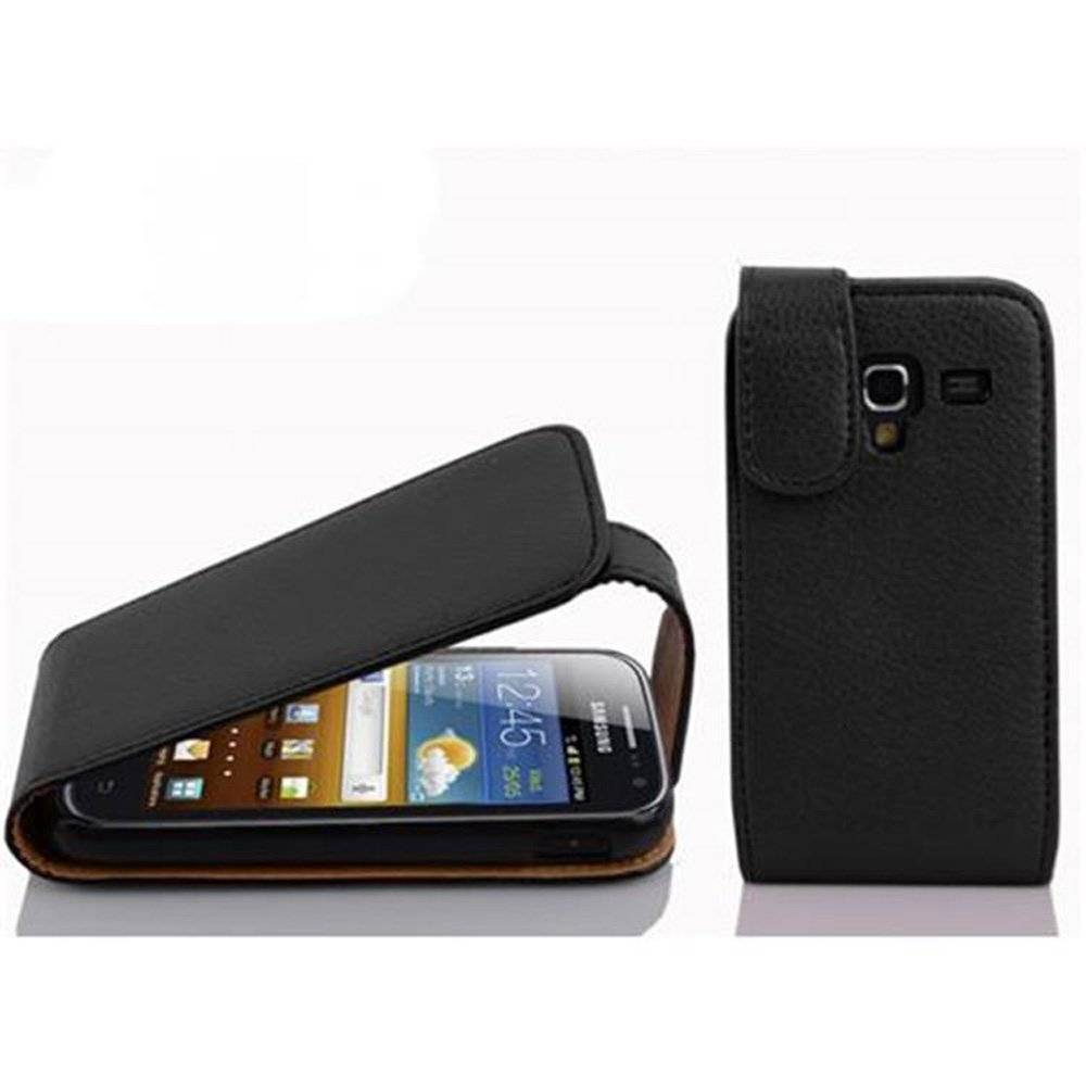 Cadorabo Hülle für Samsung Galaxy ACE 2 Hülle in OXID SCHWARZ - Handyhülle im Flip Design aus strukturiertem Textilleder - Case Cover Schutzhülle