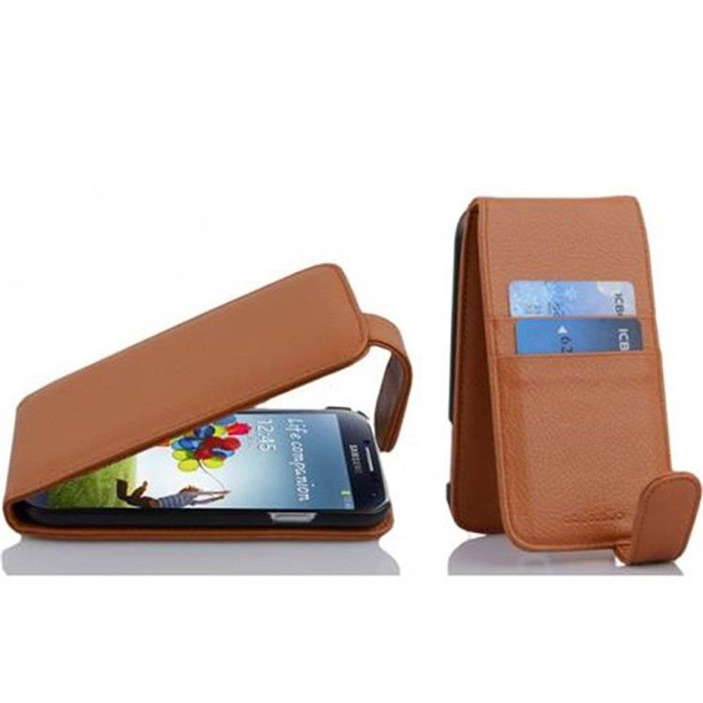 Cadorabo Hülle für Samsung Galaxy S4 Hülle in ZIMT BRAUN - Handyhülle im Flip Design mit Kartenfach - Case Cover Schutzhülle Etui Tasche Book Kla