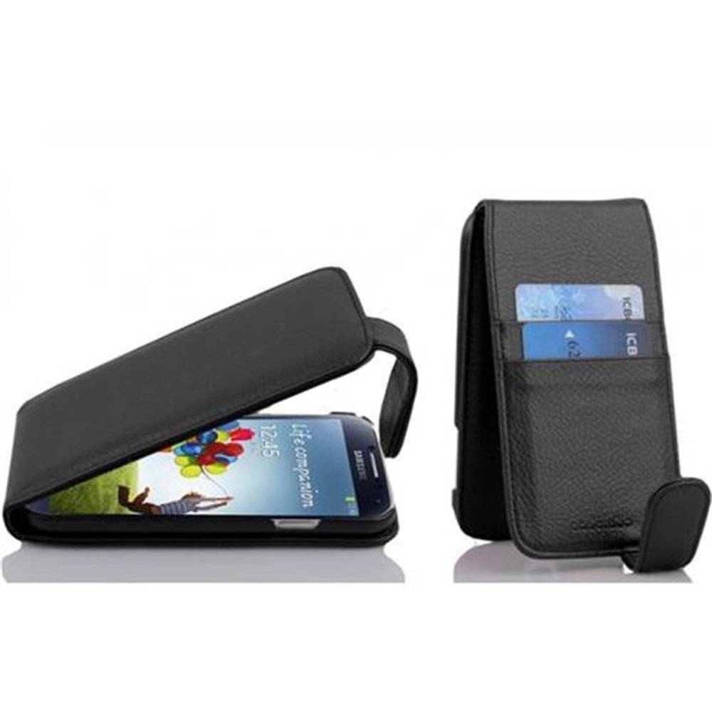 Cadorabo Hülle für Samsung Galaxy S4 Hülle in JET SCHWARZ - Handyhülle im Flip Design mit Kartenfach - Case Cover Schutzhülle Etui Tasche Book Kl