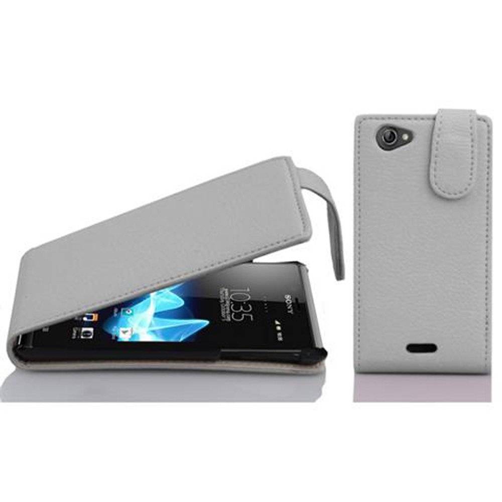 Cadorabo Hülle für Sony Xperia J Hülle in MAGNESIUM WEIß - Handyhülle im Flip Design aus strukturiertem Textilleder - Case Cover Schutzhülle Etu