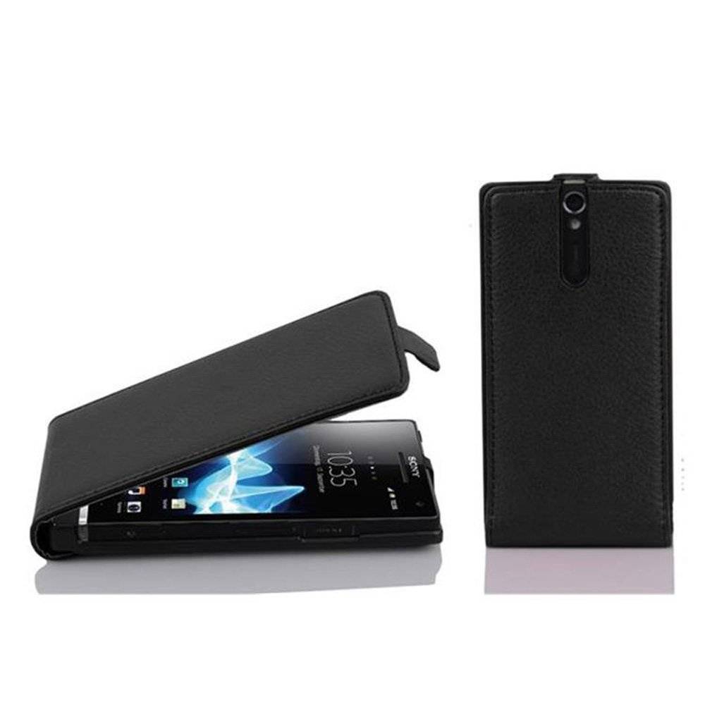 Cadorabo Hülle für Sony Xperia S Hülle in OXID SCHWARZ - Handyhülle im Flip Design aus strukturiertem Textilleder - Case Cover Schutzhülle Etui T