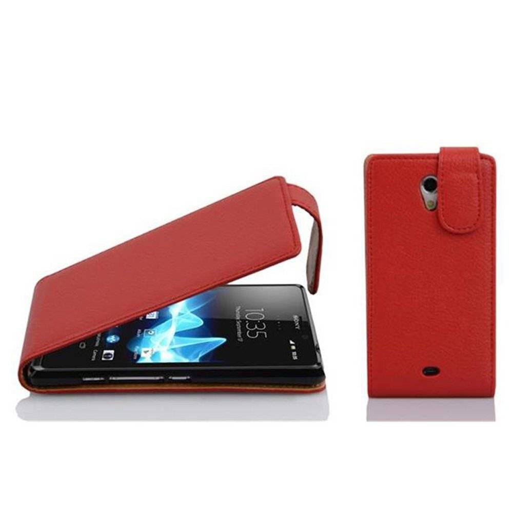 Cadorabo Hülle für Sony Xperia T Hülle in INFERNO ROT - Handyhülle im Flip Design aus strukturiertem Textilleder - Case Cover Schutzhülle Etui Ta