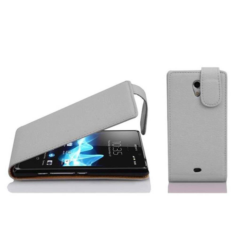 Cadorabo Hülle für Sony Xperia T Hülle in MAGNESIUM WEIß - Handyhülle im Flip Design aus strukturiertem Textilleder - Case Cover Schutzhülle Etu