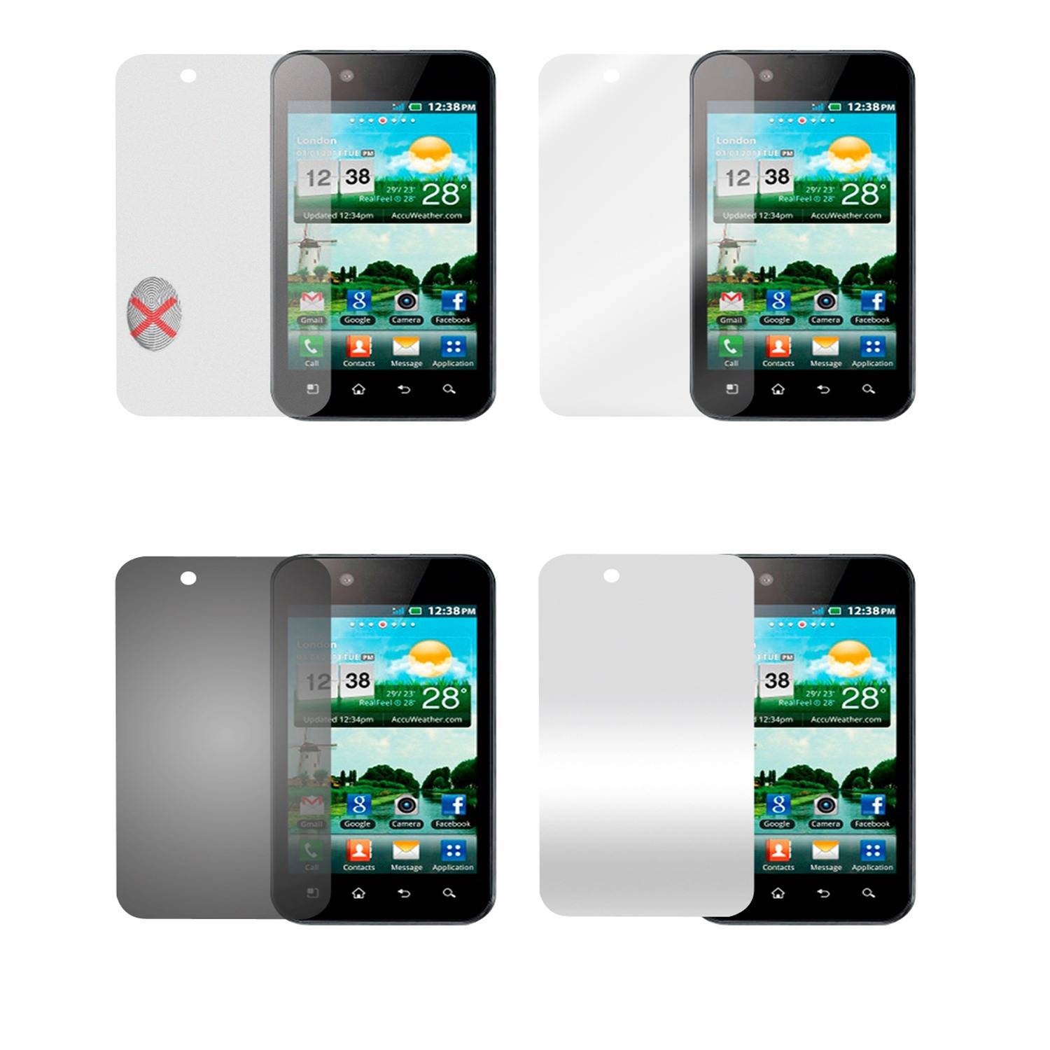 Cadorabo 4x Schutzfolien für LG OPTIMUS BLACK in Weiß (1x Privacy 1x Spiegel 1x Matt 1x Anti-Fingerabdruck)