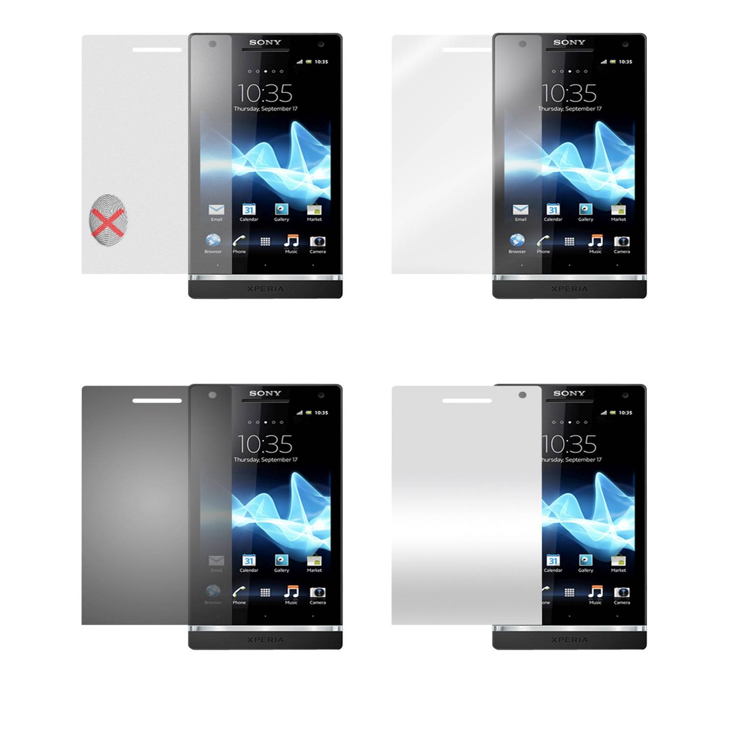Cadorabo 4x Schutzfolien für Sony Xperia S in Weiß (1x Privacy 1x Spiegel 1x Matt 1x Anti-Fingerabdruck)