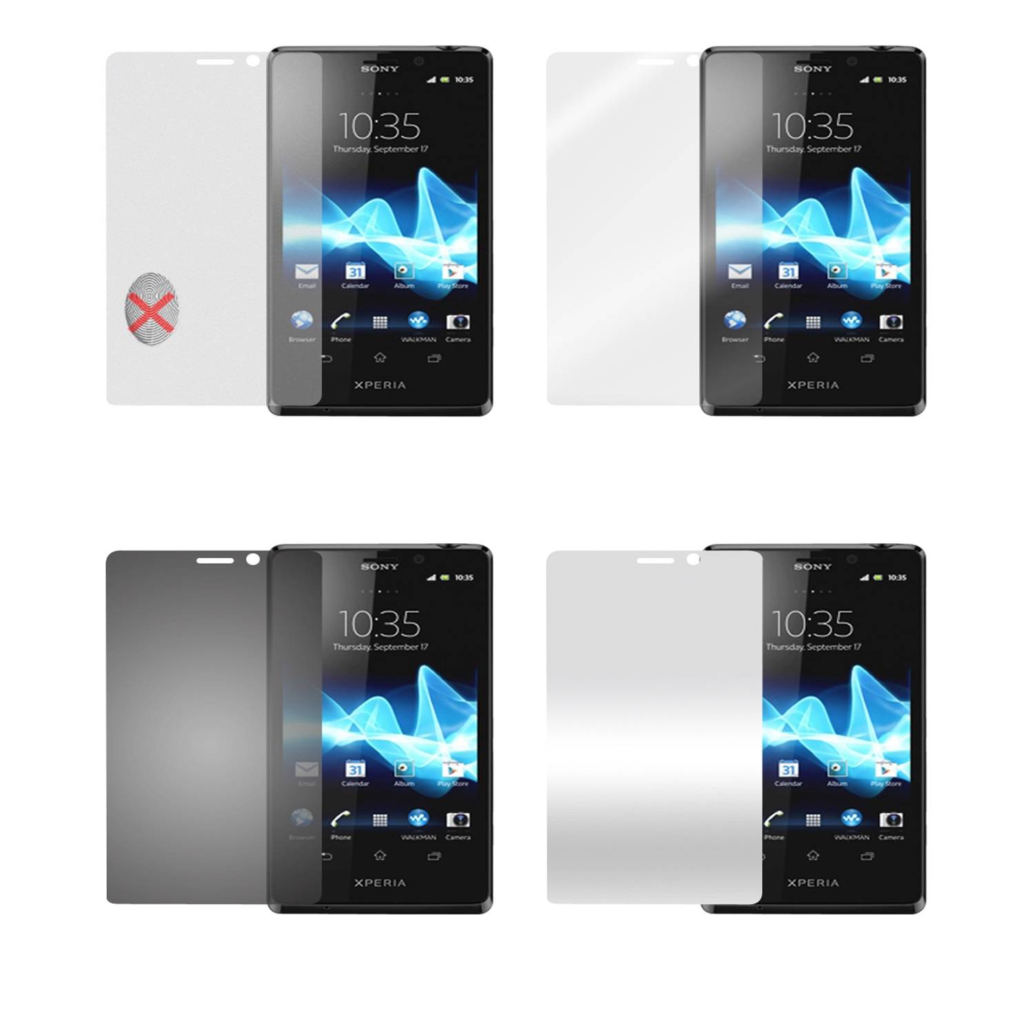 Cadorabo 4x Schutzfolien für Sony Xperia T in Weiß (1x Privacy 1x Spiegel 1x Matt 1x Anti-Fingerabdruck)