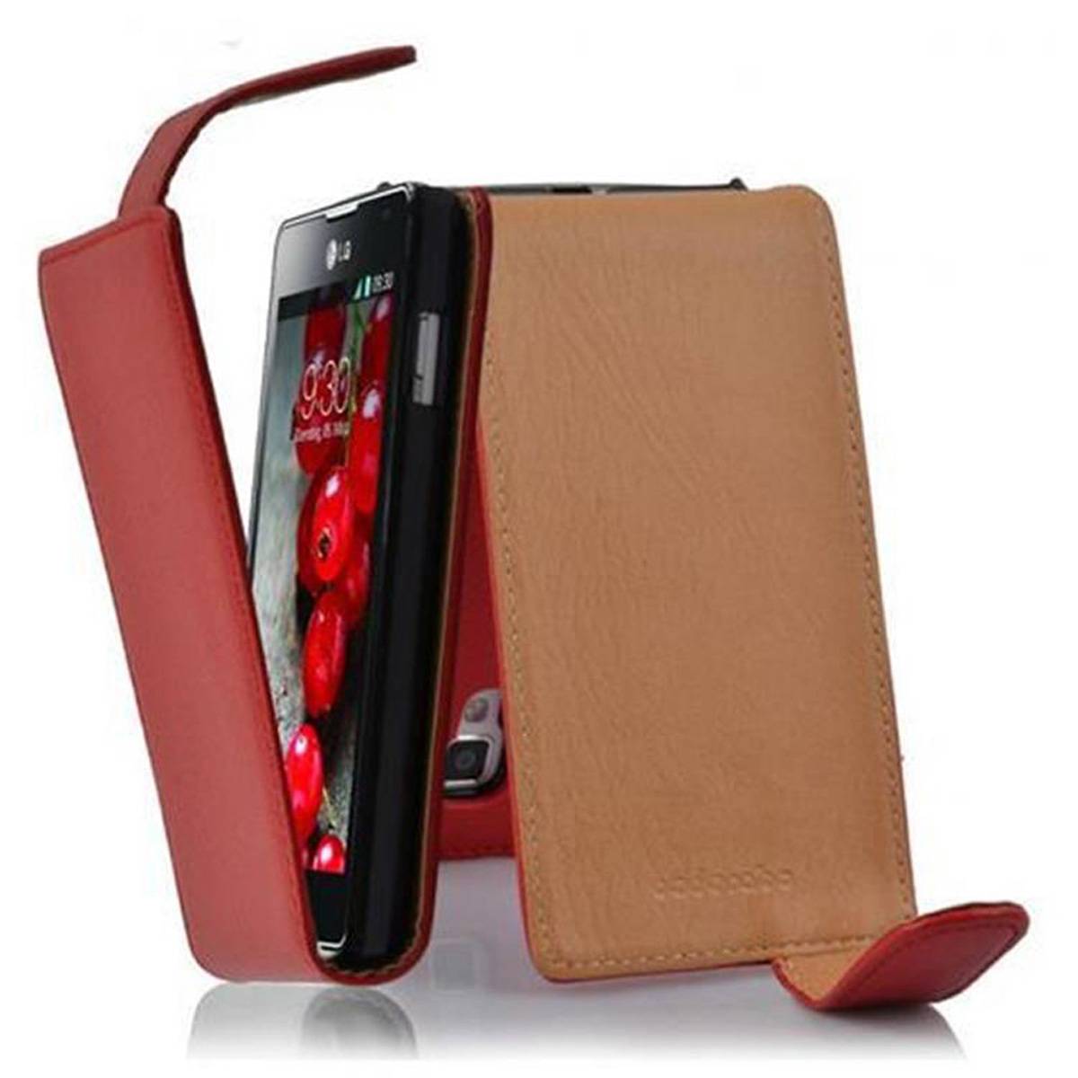 Cadorabo Schutzhülle für LG OPTIMUS L7 II Hülle in Rot Flip Etui Handyhülle Case Cover Kunstleder