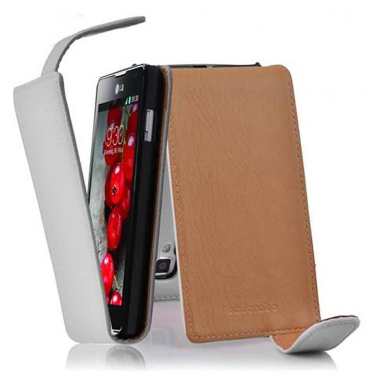 Cadorabo Schutzhülle für LG OPTIMUS L7 II Hülle in Weiß Flip Etui Handyhülle Case Cover Kunstleder