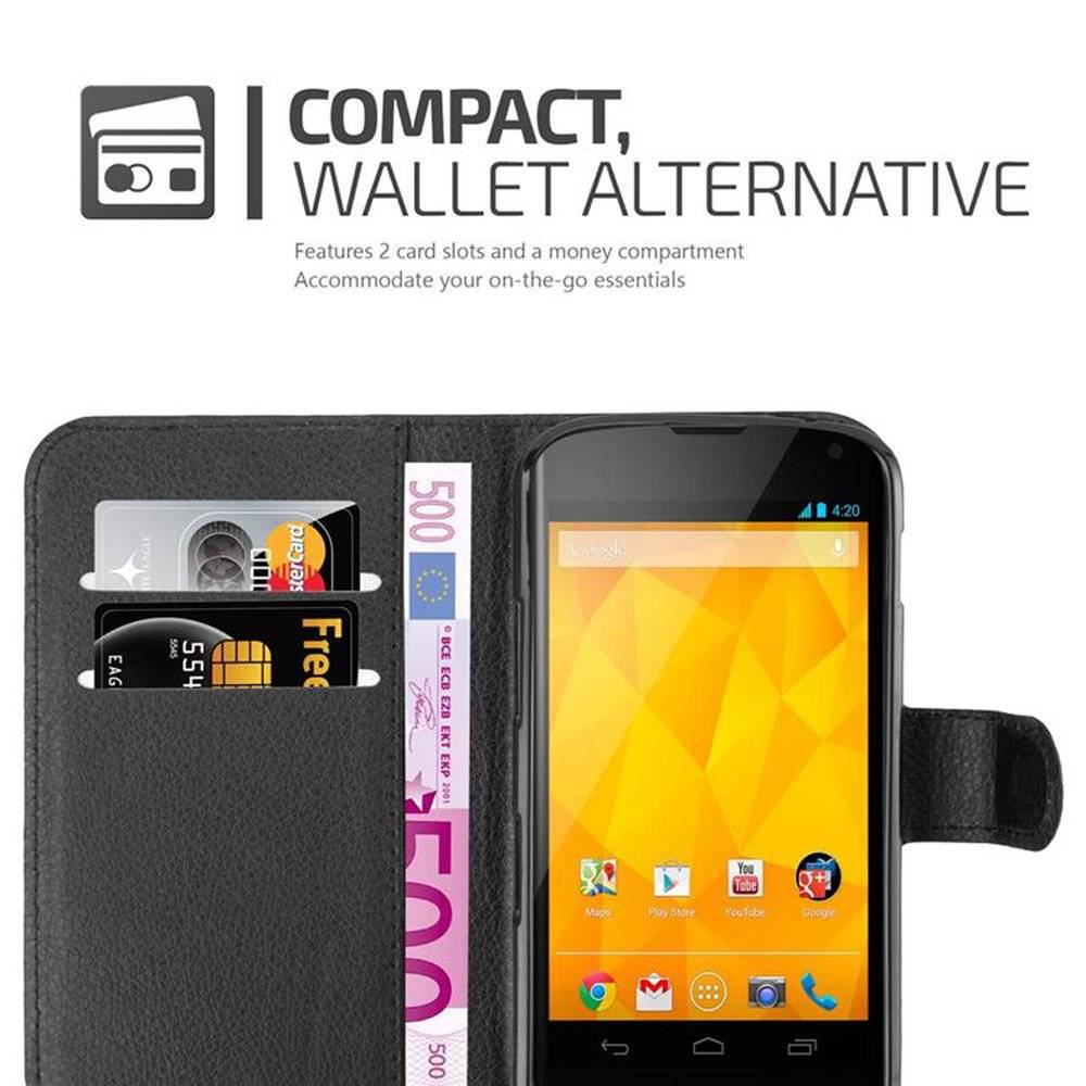 Cadorabo Handy Hülle für LG NEXUS 4 Hülle in PHANTOM SCHWARZ , Schutzhülle Tasche Hülle case cover mit Kartenfach und Standfunktion