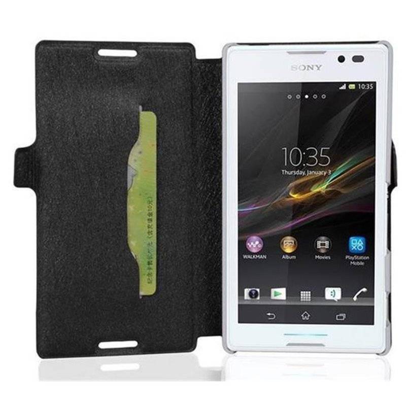 Cadorabo Hülle für Sony Xperia C - Hülle in ICY SCHWARZ – mit Standfunktion und Kartenfach im Ultra Slim Design