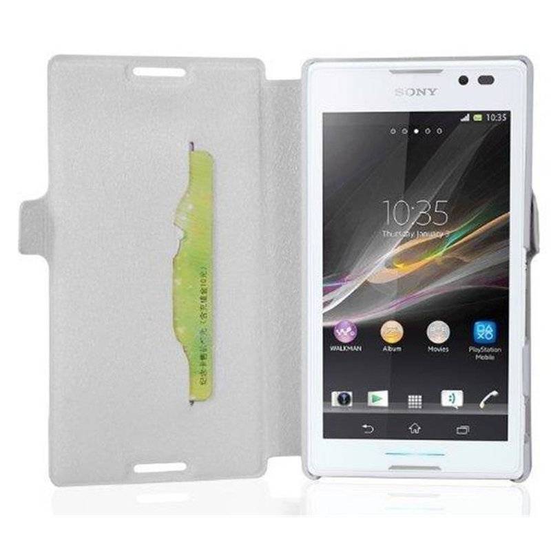 Cadorabo Hülle für Sony Xperia C - Hülle in ICY WEIß – mit Standfunktion und Kartenfach im Ultra Slim Design