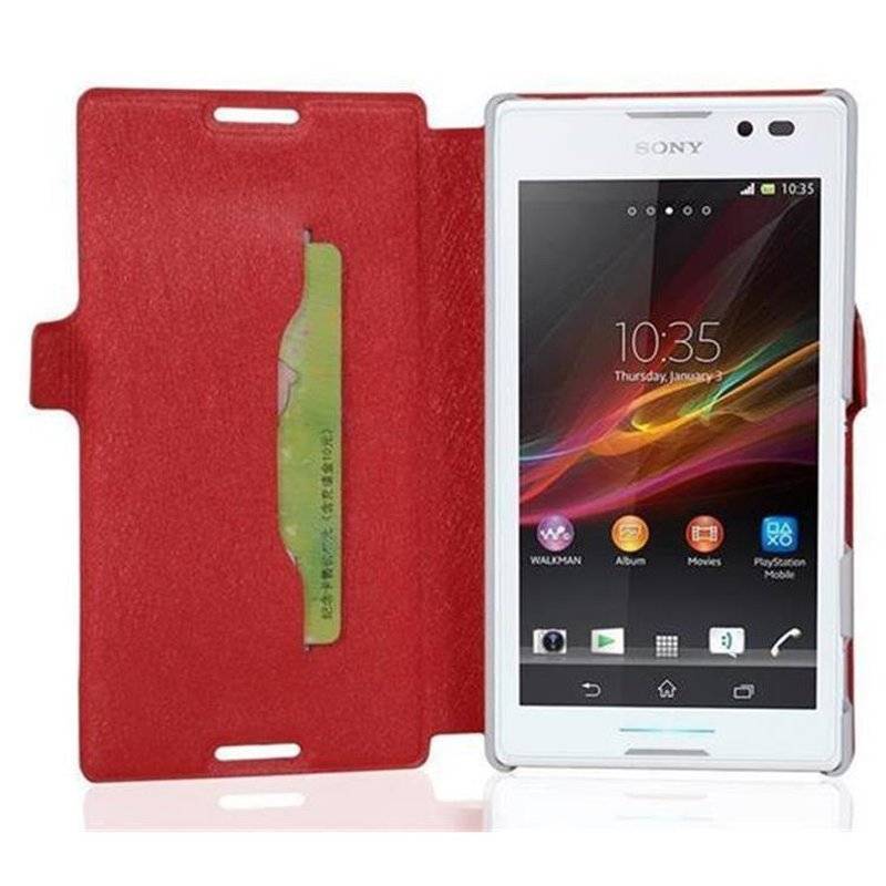 Cadorabo Hülle für Sony Xperia C - Hülle in ICY ROT – mit Standfunktion und Kartenfach im Ultra Slim Design