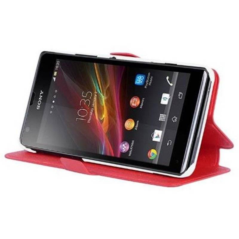 Cadorabo Hülle für Sony Xperia C - Hülle in ICY ROT – mit Standfunktion und Kartenfach im Ultra Slim Design