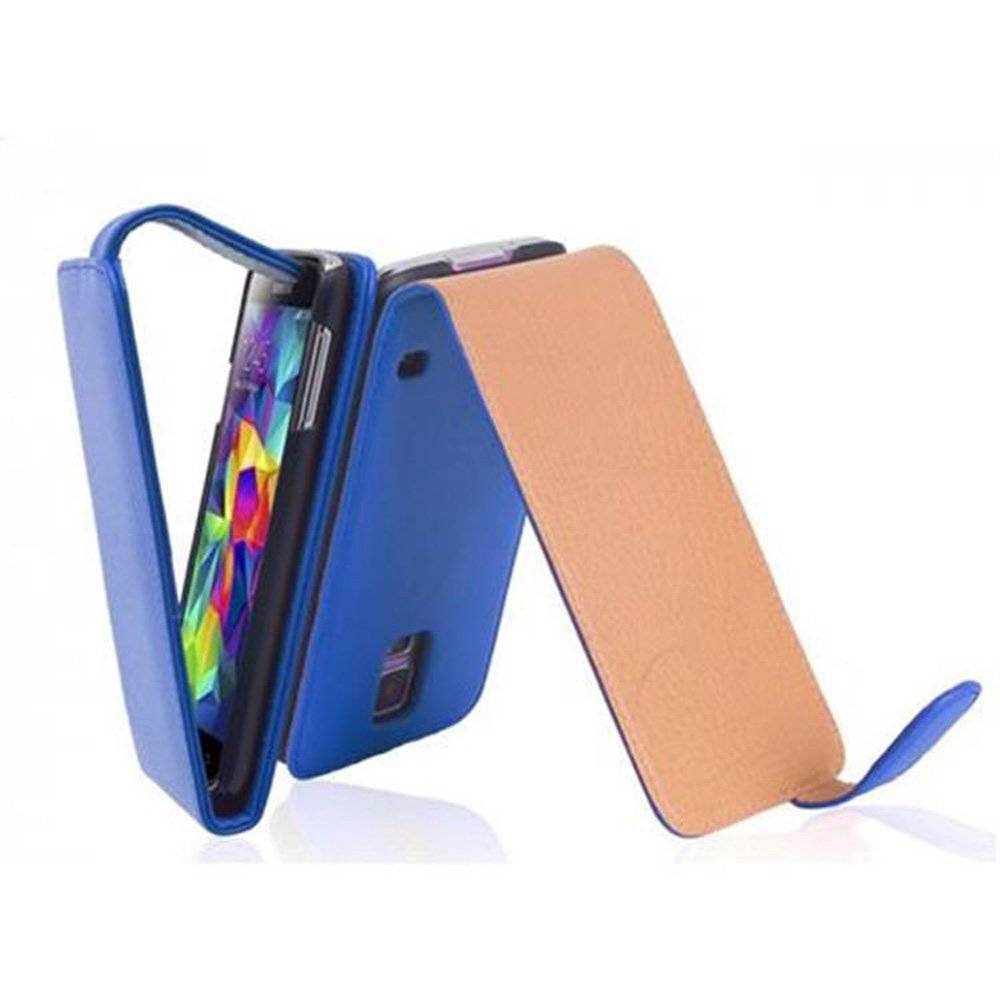 Cadorabo Hülle für Samsung Galaxy S5 / S5 NEO Hülle in BRILLIANT BLAU - Handyhülle im Flip Design aus glattem Textilleder - Case Cover Schutzhüll