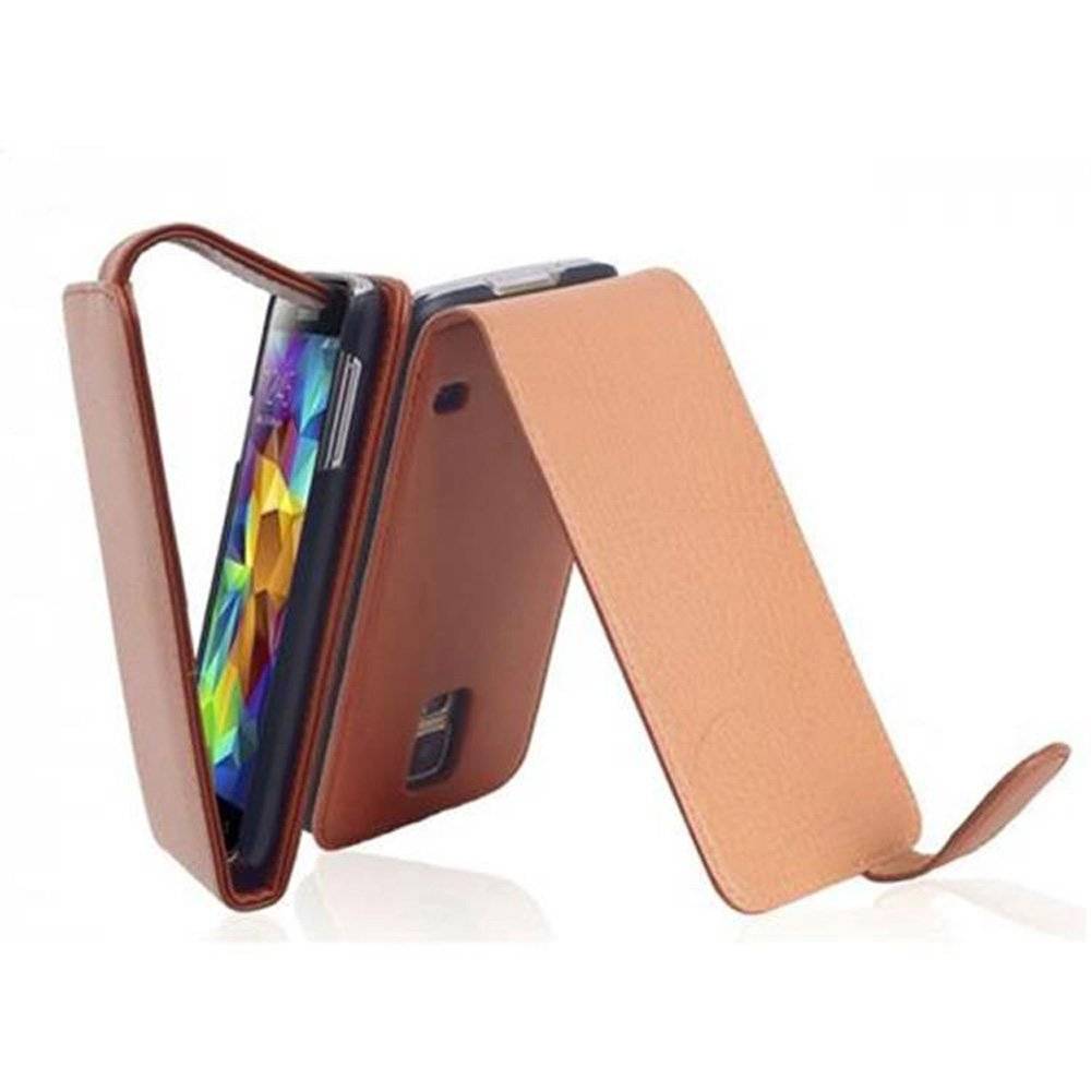 Cadorabo Hülle für Samsung Galaxy S5 / S5 NEO Hülle in KAKAO BRAUN - Handyhülle im Flip Design aus glattem Textilleder - Case Cover Schutzhülle E