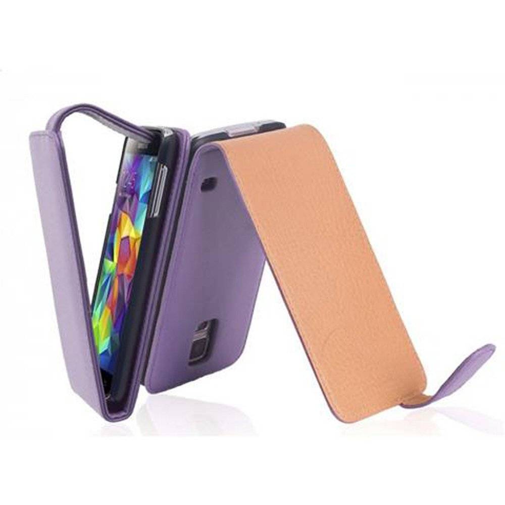 Cadorabo Hülle für Samsung Galaxy S5 / S5 NEO Hülle in FLIEDER VIOLETT - Handyhülle im Flip Design aus glattem Textilleder - Case Cover Schutzhül