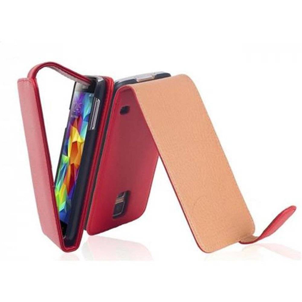 Cadorabo Hülle für Samsung Galaxy S5 / S5 NEO Hülle in CHILI ROT - Handyhülle im Flip Design aus glattem Textilleder - Case Cover Schutzhülle Etu