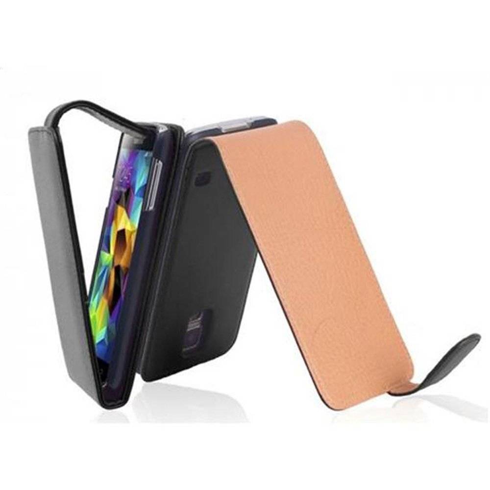 Cadorabo Hülle für Samsung Galaxy S5 / S5 NEO Hülle in KAVIAR SCHWARZ - Handyhülle im Flip Design aus glattem Textilleder - Case Cover Schutzhüll
