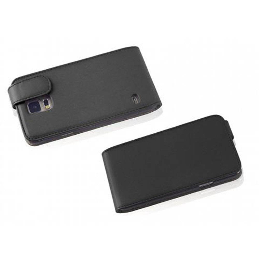 Cadorabo Hülle für Samsung Galaxy S5 / S5 NEO Hülle in KAVIAR SCHWARZ - Handyhülle im Flip Design aus glattem Textilleder - Case Cover Schutzhüll