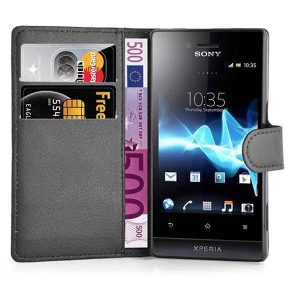 Cadorabo Handy Hülle für Sony Xperia M Hülle in PHANTOM SCHWARZ , Schutzhülle Tasche Hülle case cover mit Kartenfach und Standfunktion