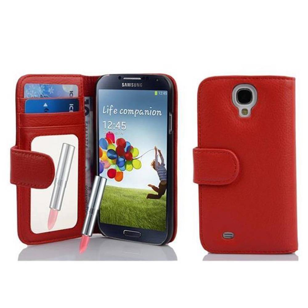 Cadorabo Schutzhülle für Samsung Galaxy S4 Hülle in Rot Handyhülle mit Spiegel Kartenfach Etui Case Cover