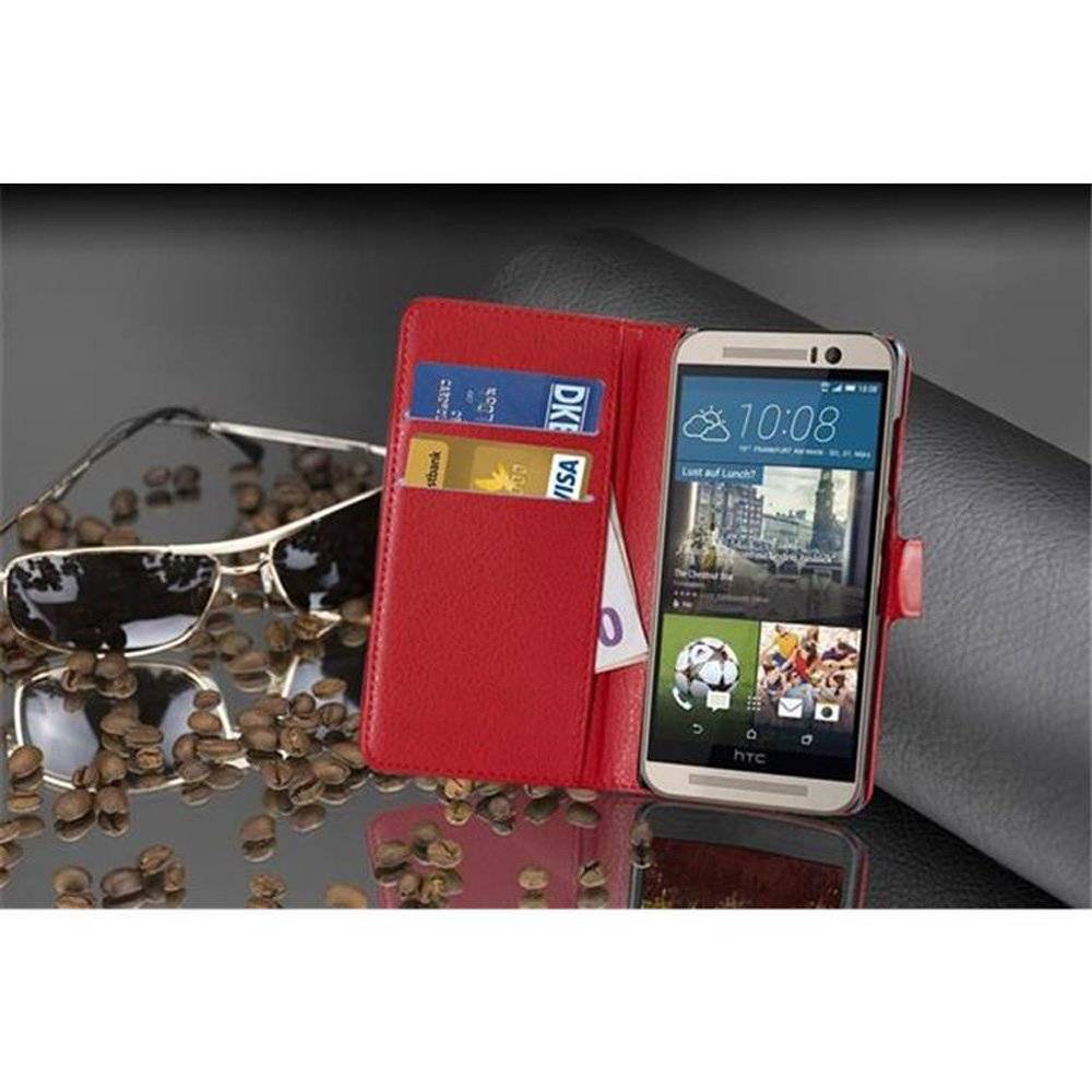 Cadorabo Handy Hülle für HTC ONE M9 Hülle in KARMIN ROT , Schutzhülle Tasche Hülle case cover mit Kartenfach und Standfunktion