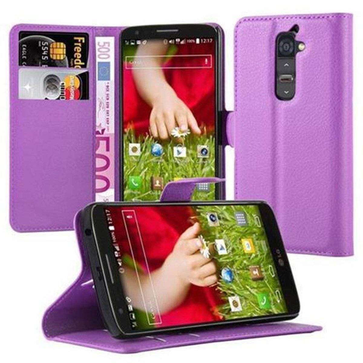 Klappbare Handy Schutzhülle - Hülle - mit Standfunktion und Kartenfach, mangan violett, Bookcover für LG G2