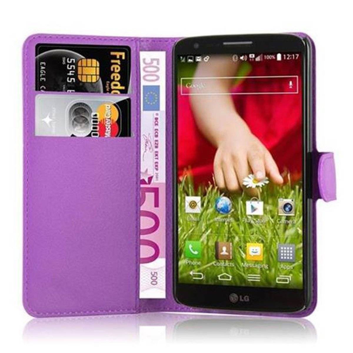 Klappbare Handy Schutzhülle - Hülle - mit Standfunktion und Kartenfach, mangan violett, Bookcover für LG G2