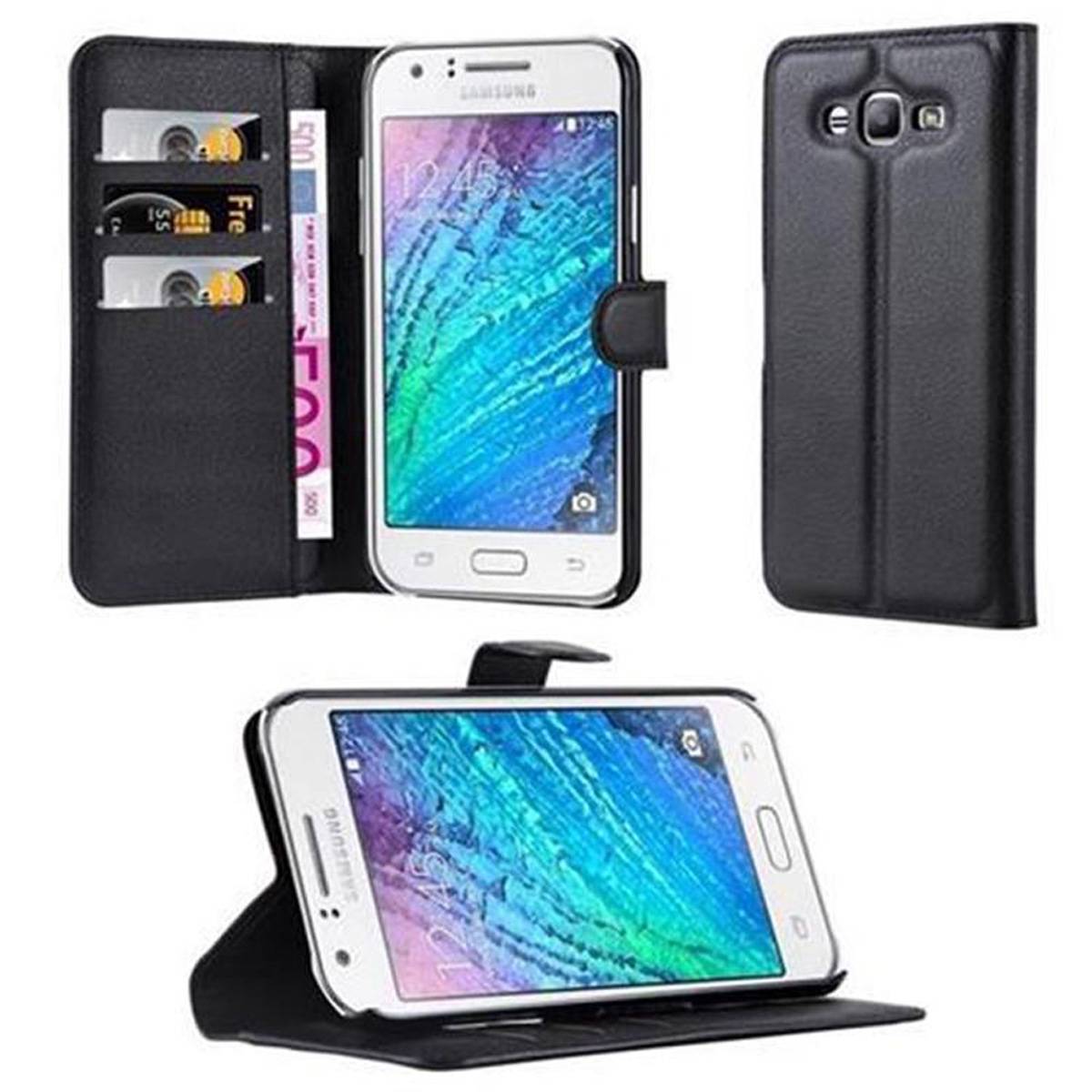 Cadorabo Hülle für Samsung Galaxy J7 2015 Schutz Hülle in Schwarz Handyhülle Etui Case Cover Magnetverschluss