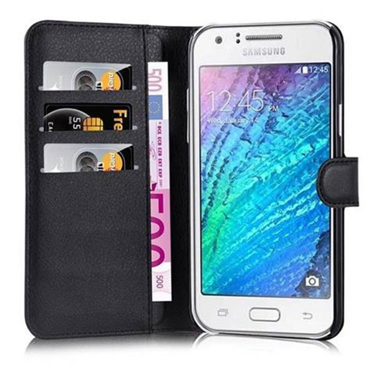 Cadorabo Hülle für Samsung Galaxy J7 2015 Schutz Hülle in Schwarz Handyhülle Etui Case Cover Magnetverschluss