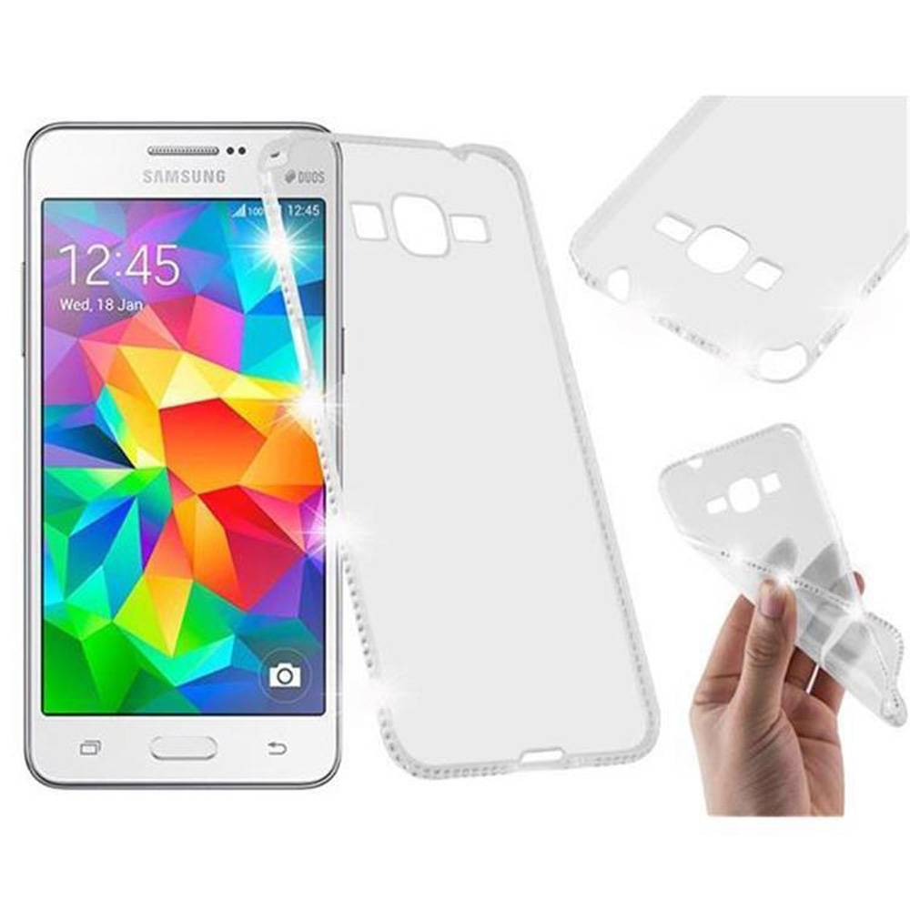 Cadorabo Hülle für Samsung Galaxy GRAND PRIME Schutz Hülle in Weiß Case Cover TPU Silikon Strass Handyhülle Etui