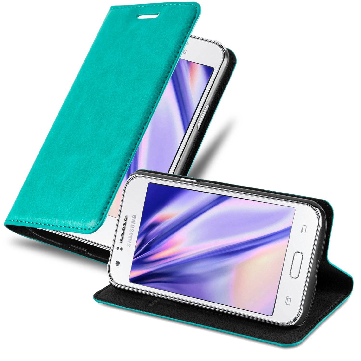 Cadorabo Hülle für Samsung Galaxy J1 2015 Schutz Hülle in Türkis Handyhülle Etui Case Cover Magnetverschluss