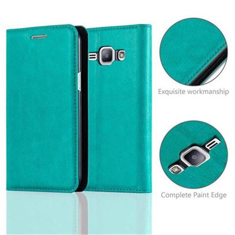 Cadorabo Hülle für Samsung Galaxy J1 2015 Schutz Hülle in Türkis Handyhülle Etui Case Cover Magnetverschluss