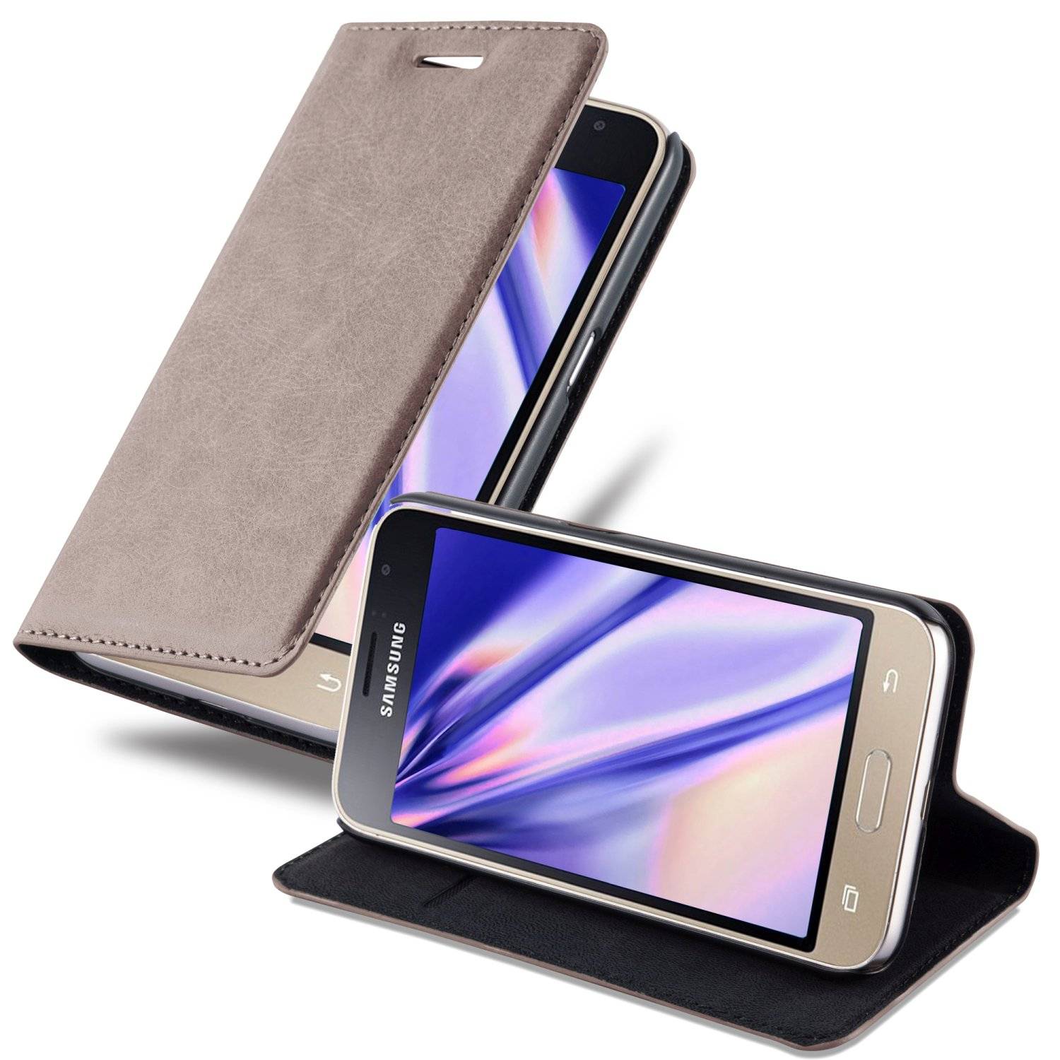 Cadorabo Hülle für Samsung Galaxy J1 2016 Schutz Hülle in Braun Handyhülle Etui Case Cover Magnetverschluss