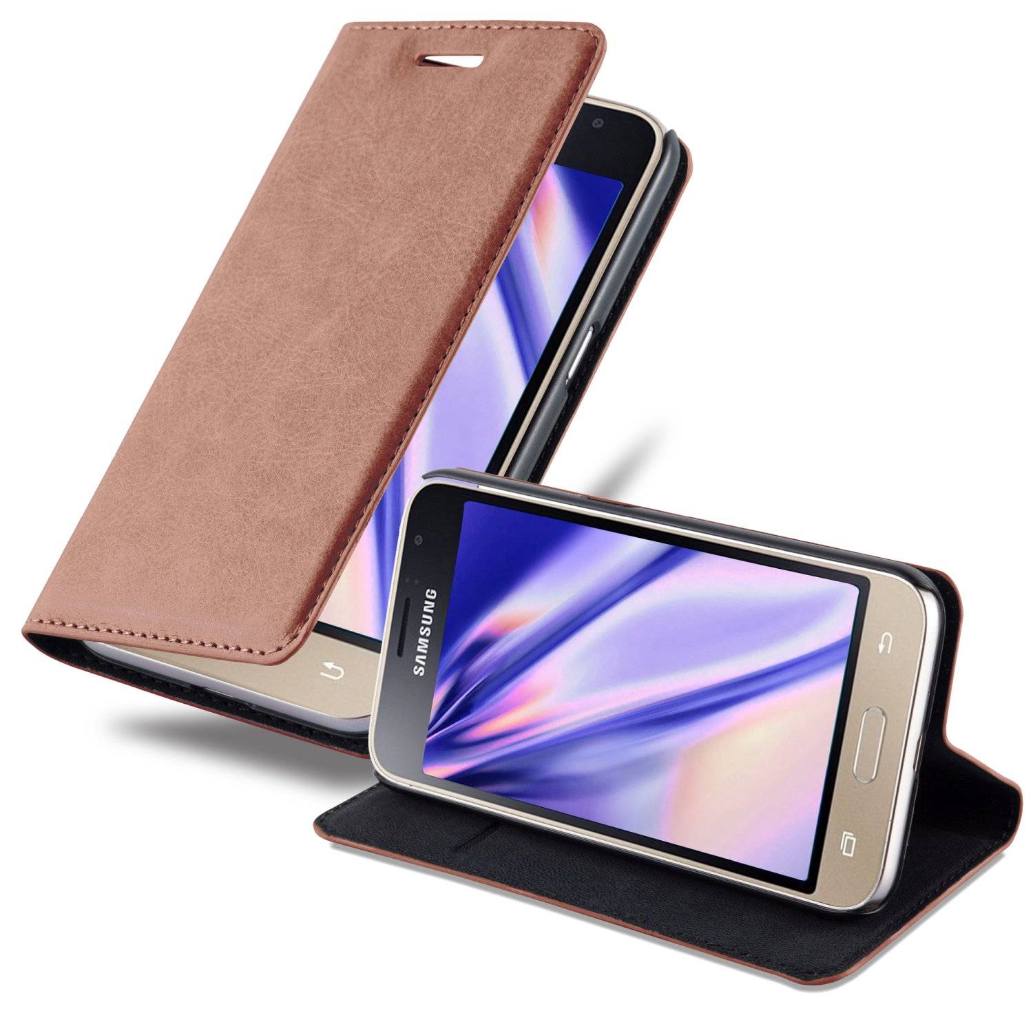 Cadorabo Hülle für Samsung Galaxy J1 2016 Schutz Hülle in Braun Handyhülle Etui Case Cover Magnetverschluss