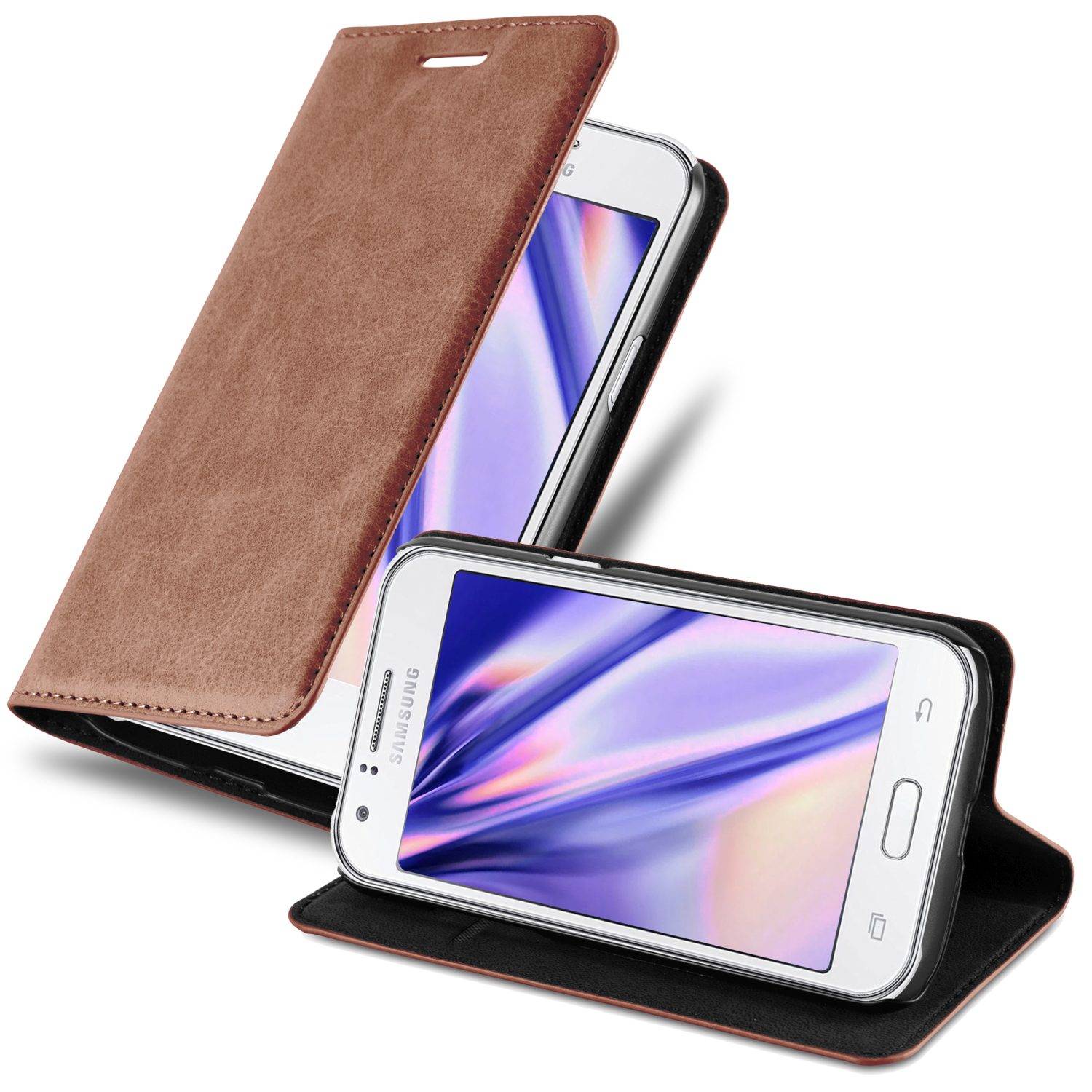 Cadorabo Hülle für Samsung Galaxy J1 2015 Schutz Hülle in Braun Handyhülle Etui Case Cover Magnetverschluss