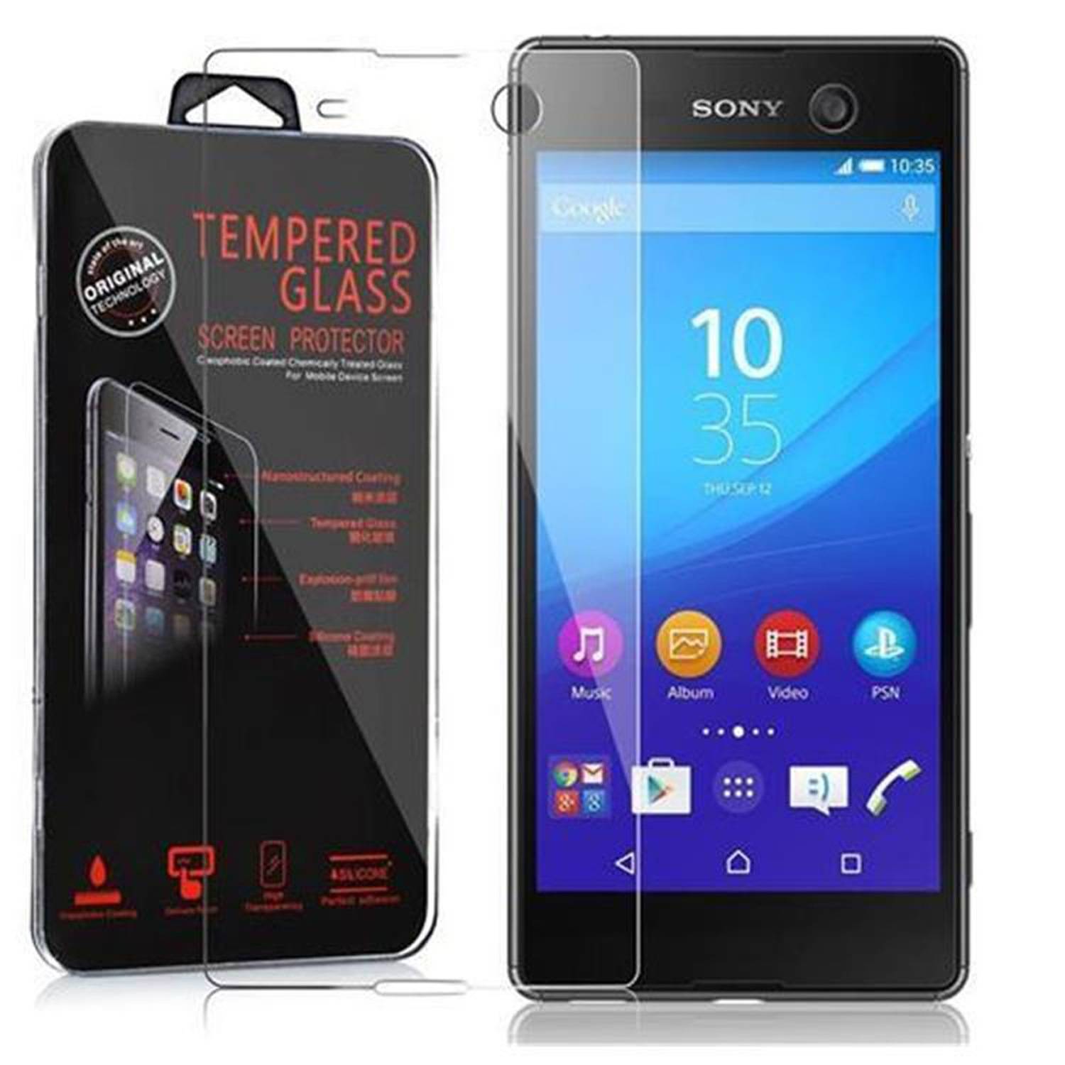 Cadorabo Panzer Folie für Sony Xperia M5 Schutzfolie in Transparent Gehärtetes Tempered Display-Schutzglas