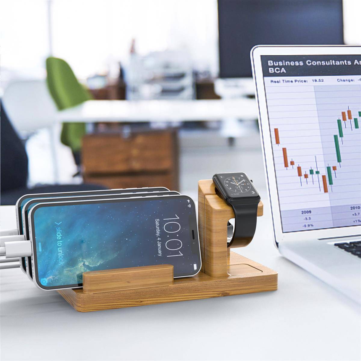 Cadorabo Docking Station - Ladestation aus Echtholz Bambus - Power Station Plattform mit integrierter USB Multischnittstelle