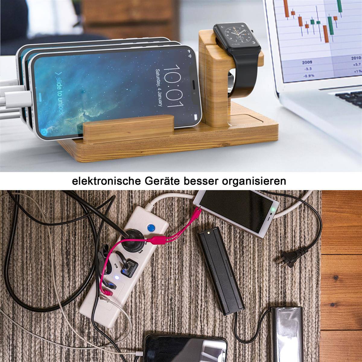 Cadorabo Docking Station - Ladestation aus Echtholz Bambus - Power Station Plattform mit integrierter USB Multischnittstelle