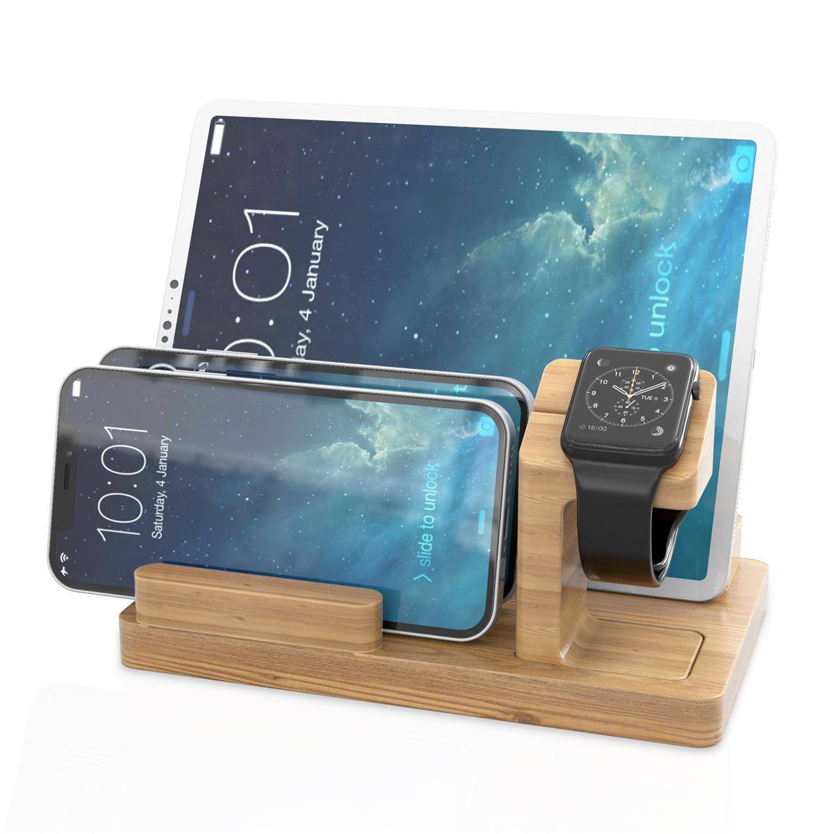 Cadorabo Docking Station - Ladestation aus Echtholz Bambus - Power Station Plattform mit integrierter USB Multischnittstelle