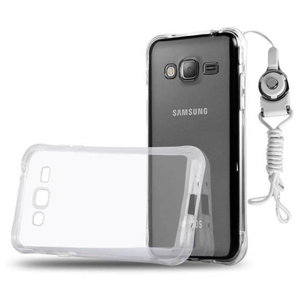 Cadorabo Schutzhülle für Samsung Galaxy J3 2015 in Weiß Etui Schutzhülle TPU Silikon Cover mit Schlaufe