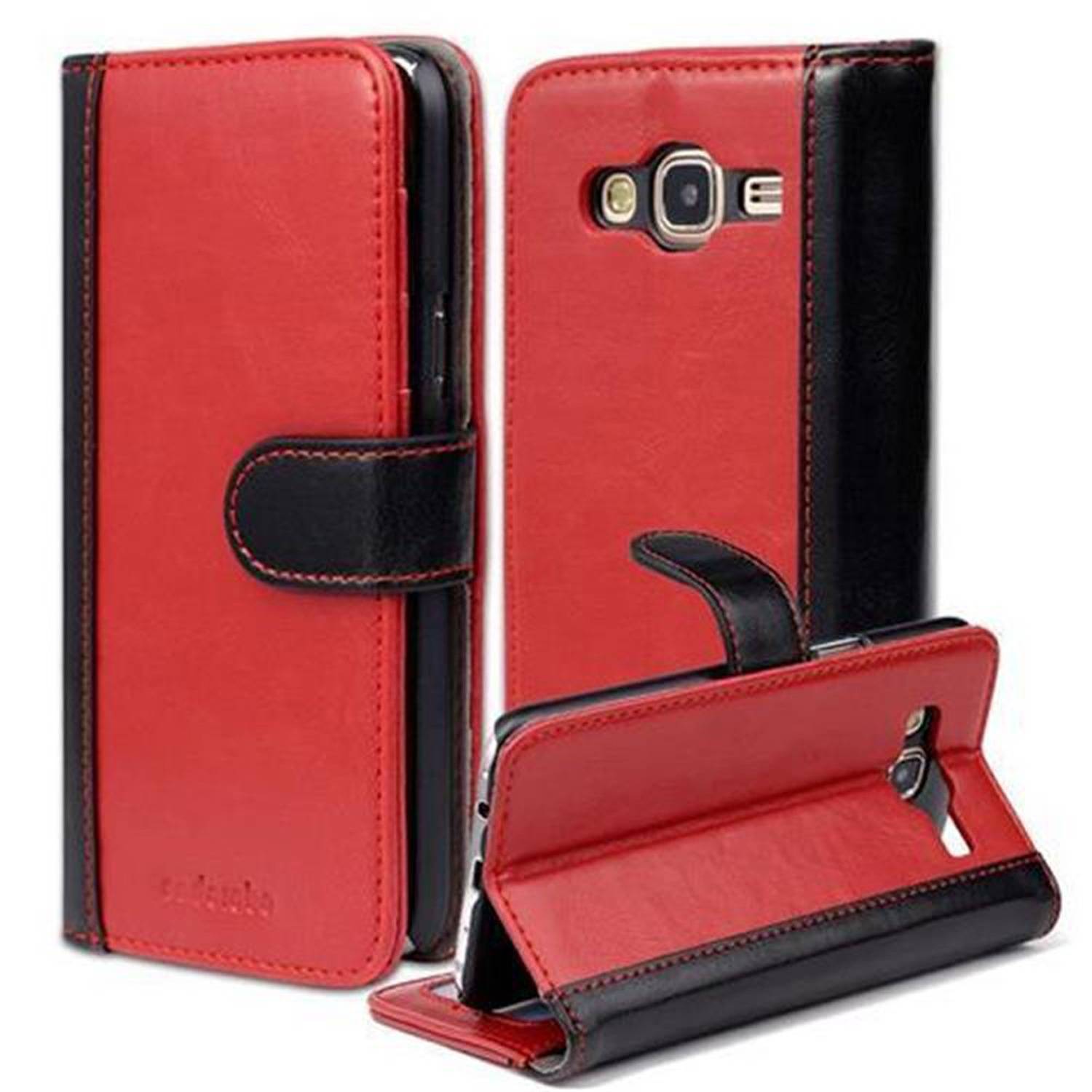 Cadorabo Hülle für Samsung Galaxy J5 2015 Hülle in Rot Schutzhülle Handyhülle Standfunktion Etui Cover Case